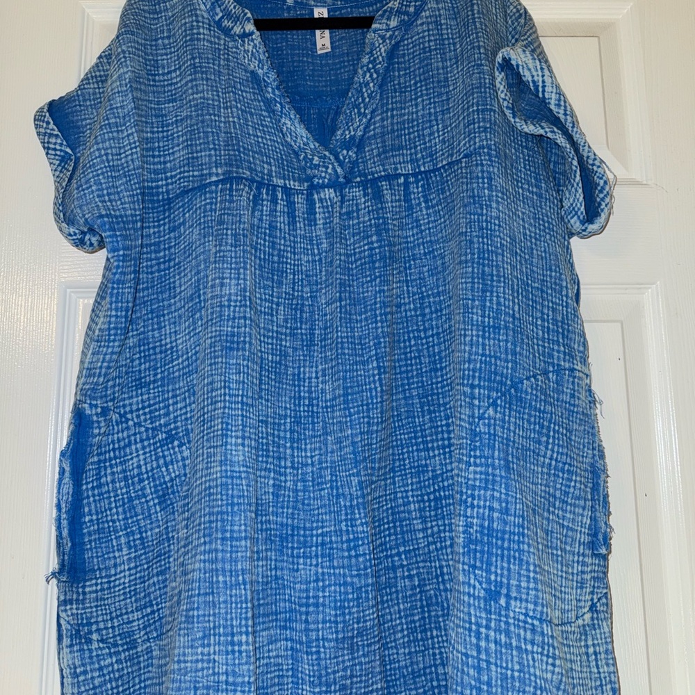 Blue Textured Short Sleeve Dress